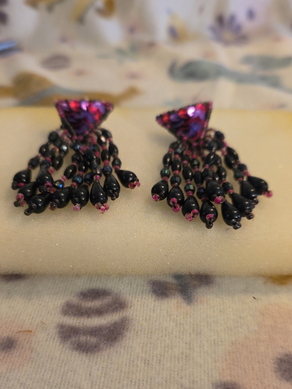 Pink and Black Beaded Fringe Drop Earrings - Women Jewelry